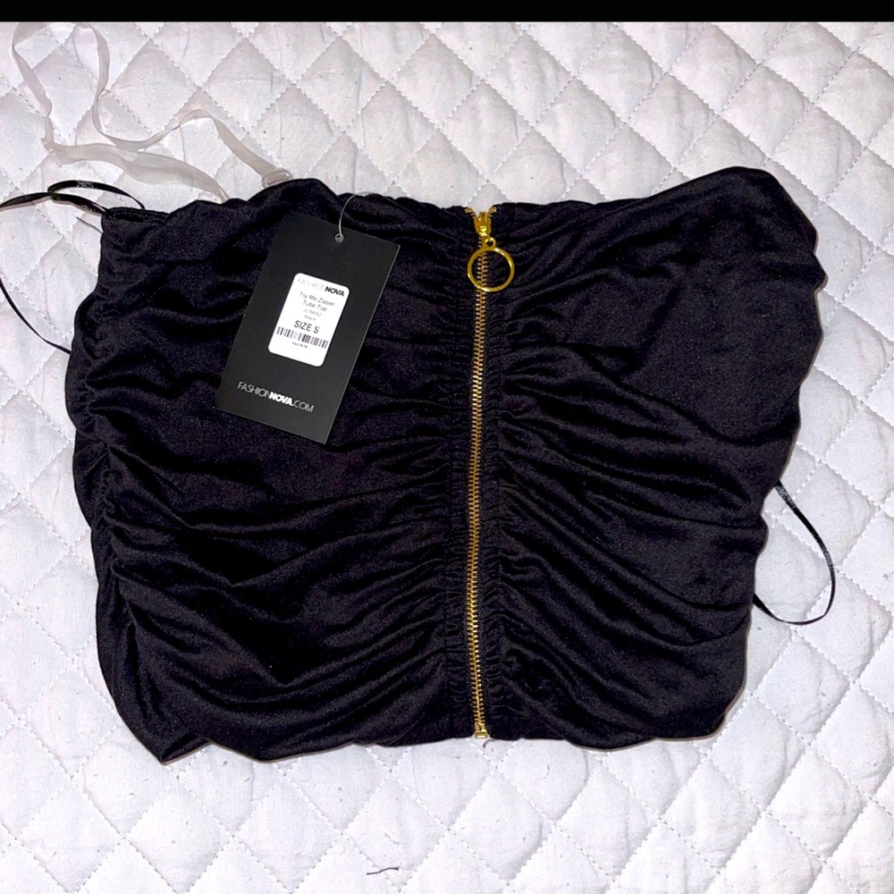 Black crop top with gold zipper